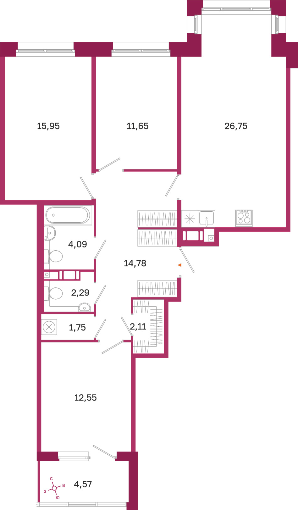 Планировка: 3-комнатная квартира, 91,9 м²