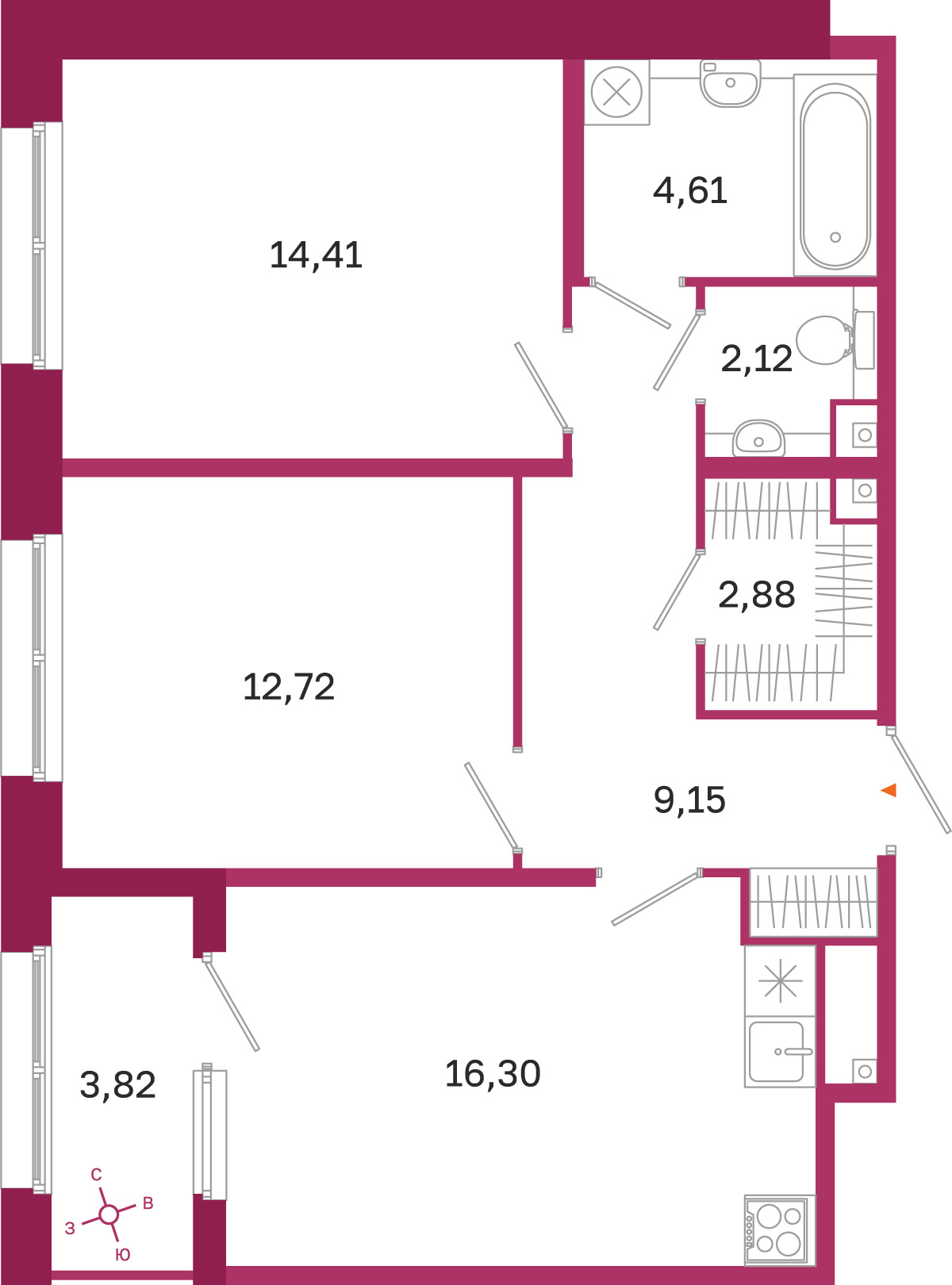 Планировка: 2-комнатная квартира, 62,2 м²