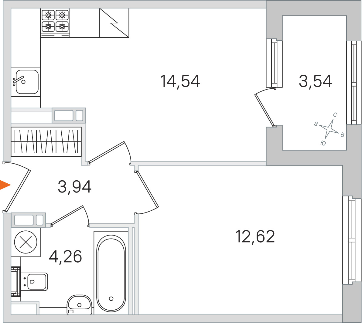 Планировка: 1-комнатная квартира, 35,4 м²