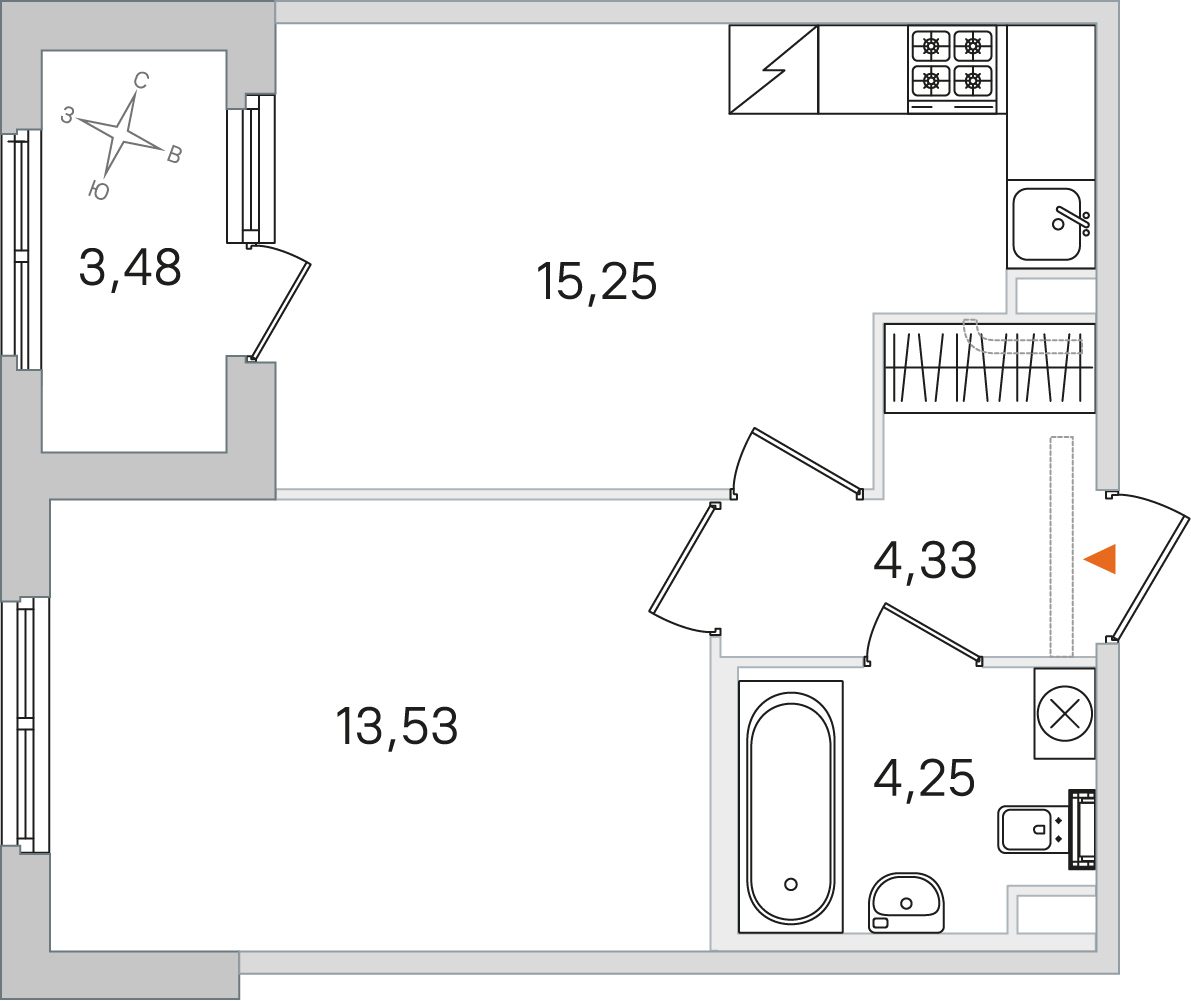Планировка: 1-комнатная квартира, 37,4 м²