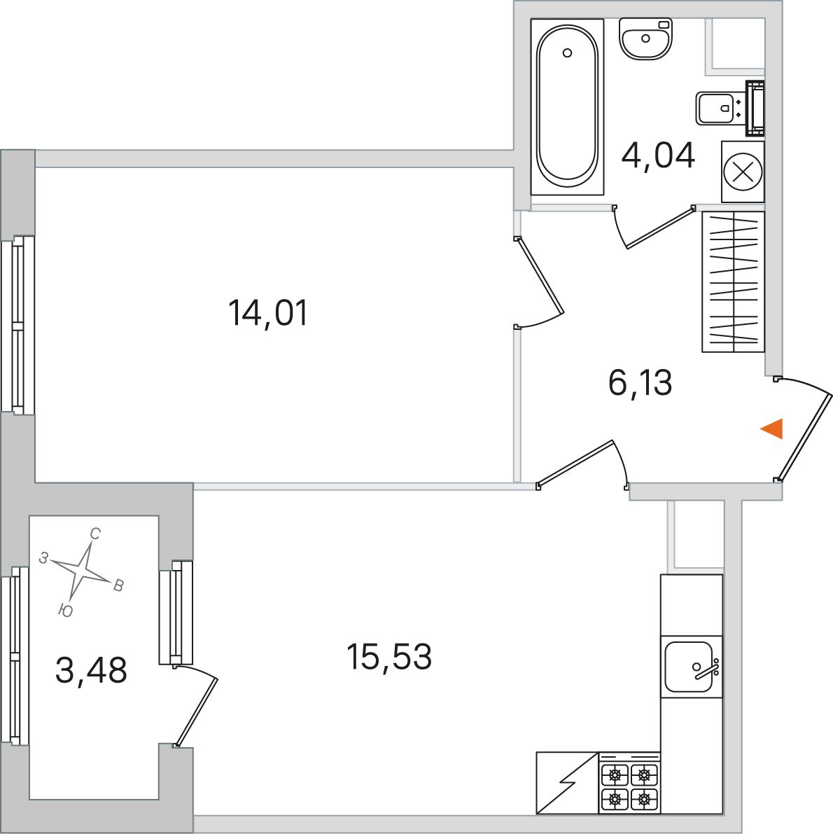 Планировка: 1-комнатная квартира, 39,7 м²