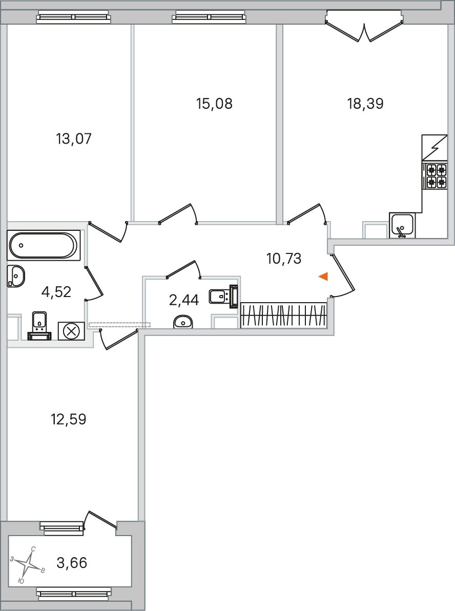 Планировка: 3-комнатная квартира, 76,8 м²