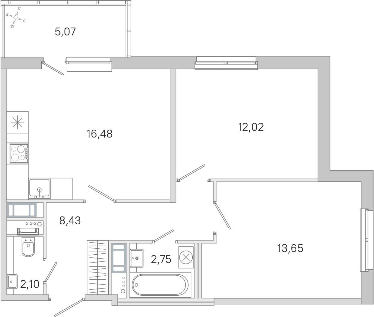 Планировка: 2-комнатная квартира, 55,4 м²