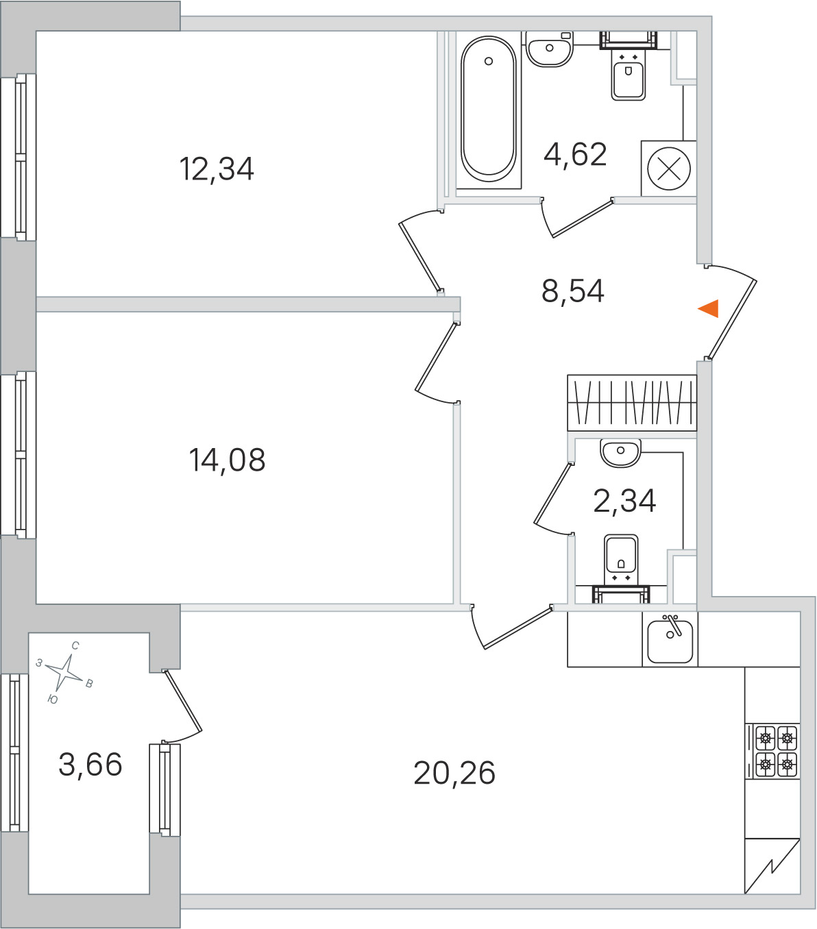 Планировка: 2-комнатная квартира, 62,2 м²