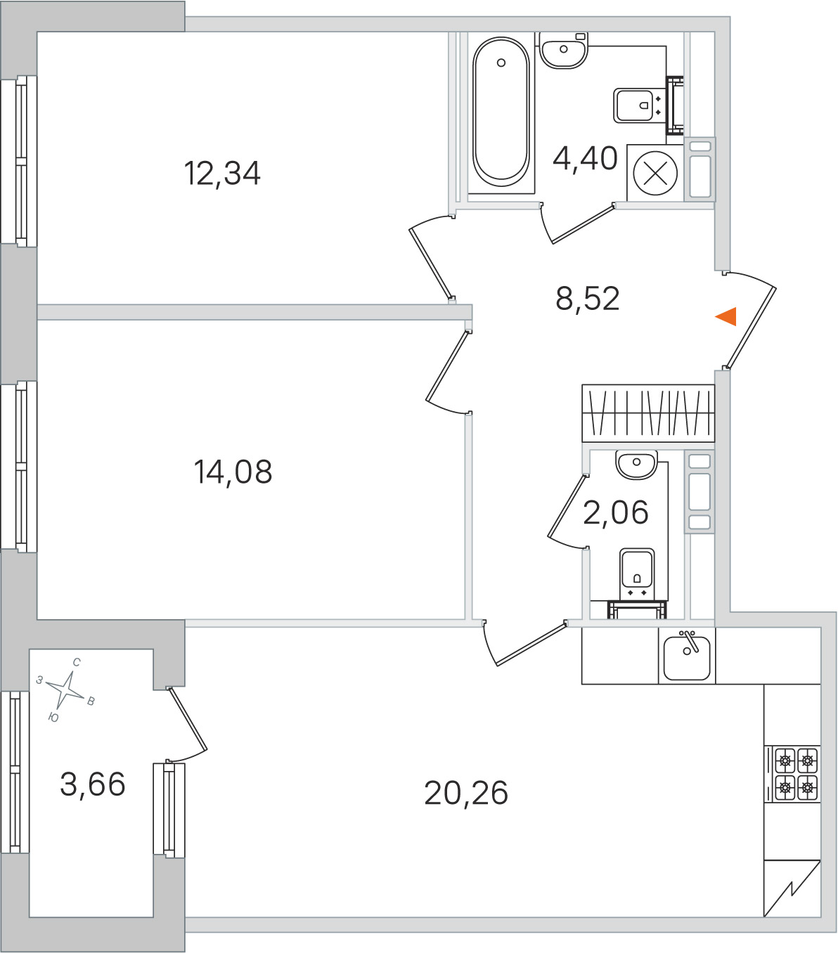 Планировка: 2-комнатная квартира, 61,7 м²