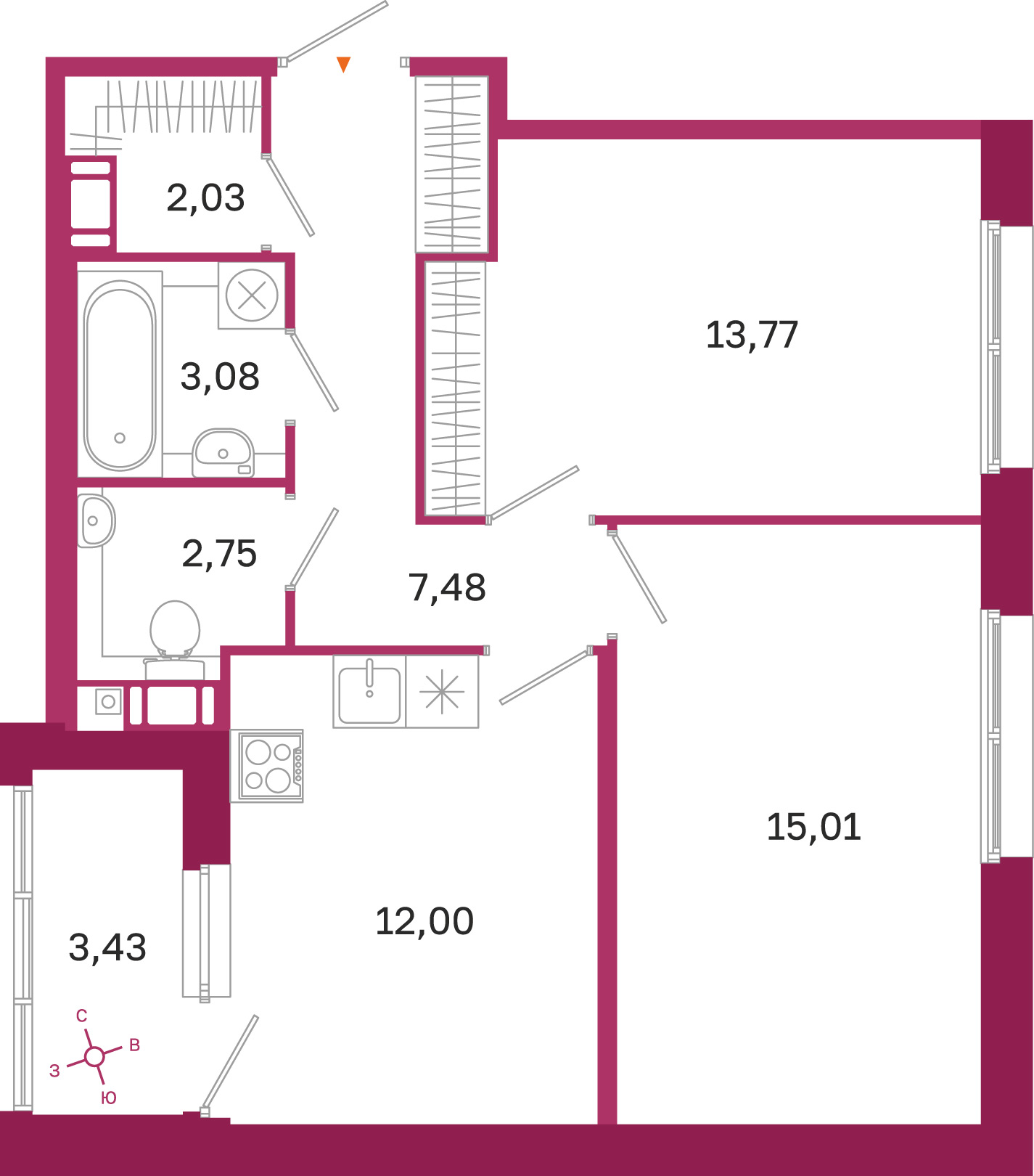 Планировка: 2-комнатная квартира, 56,1 м²