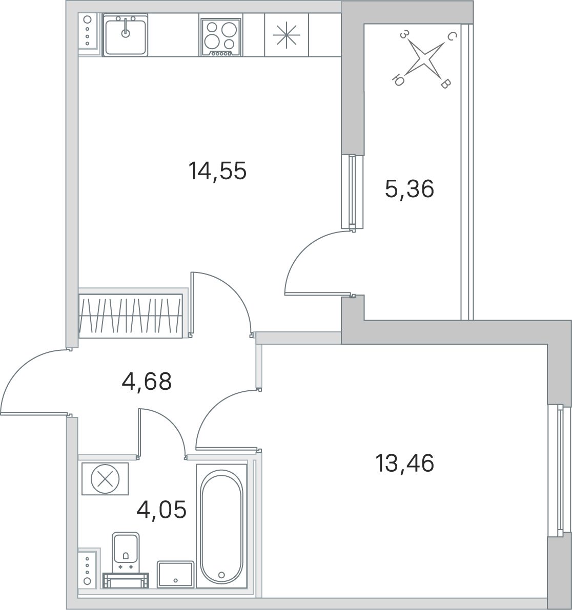 Планировка: 1-комнатная квартира, 36,7 м²