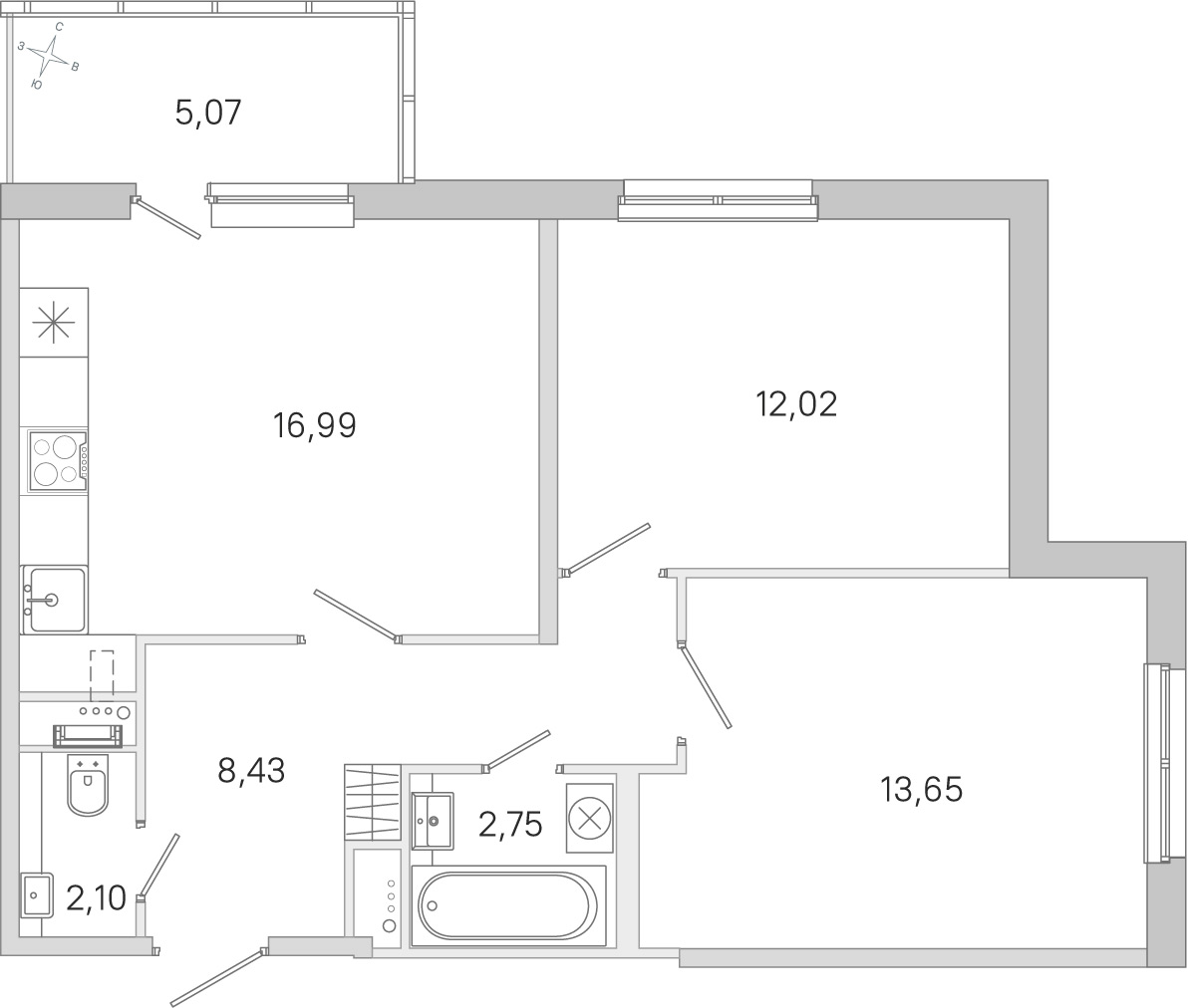 Планировка: 2-комнатная квартира, 55,9 м²