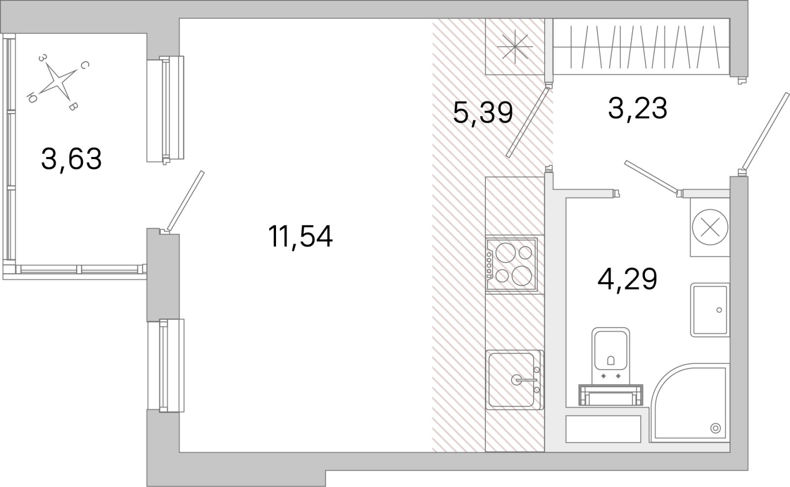 Планировка: студия, 24,5 м²