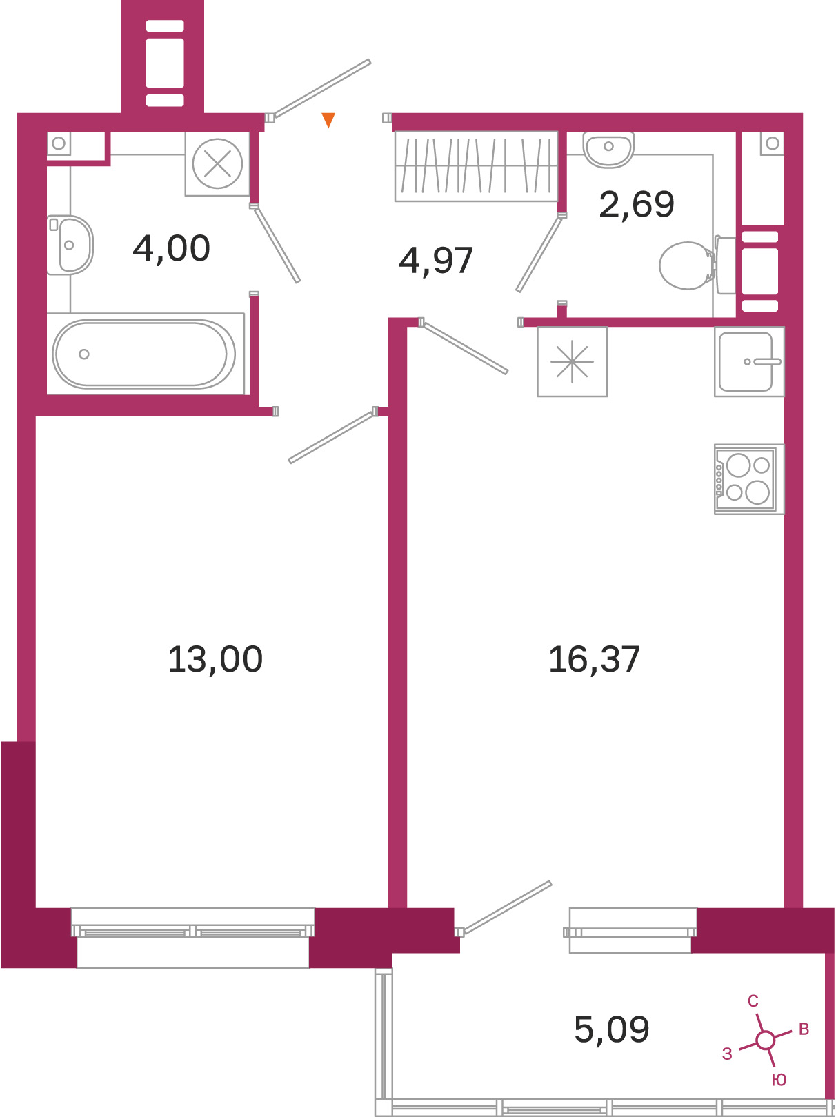 Планировка: 1-комнатная квартира, 41,0 м²