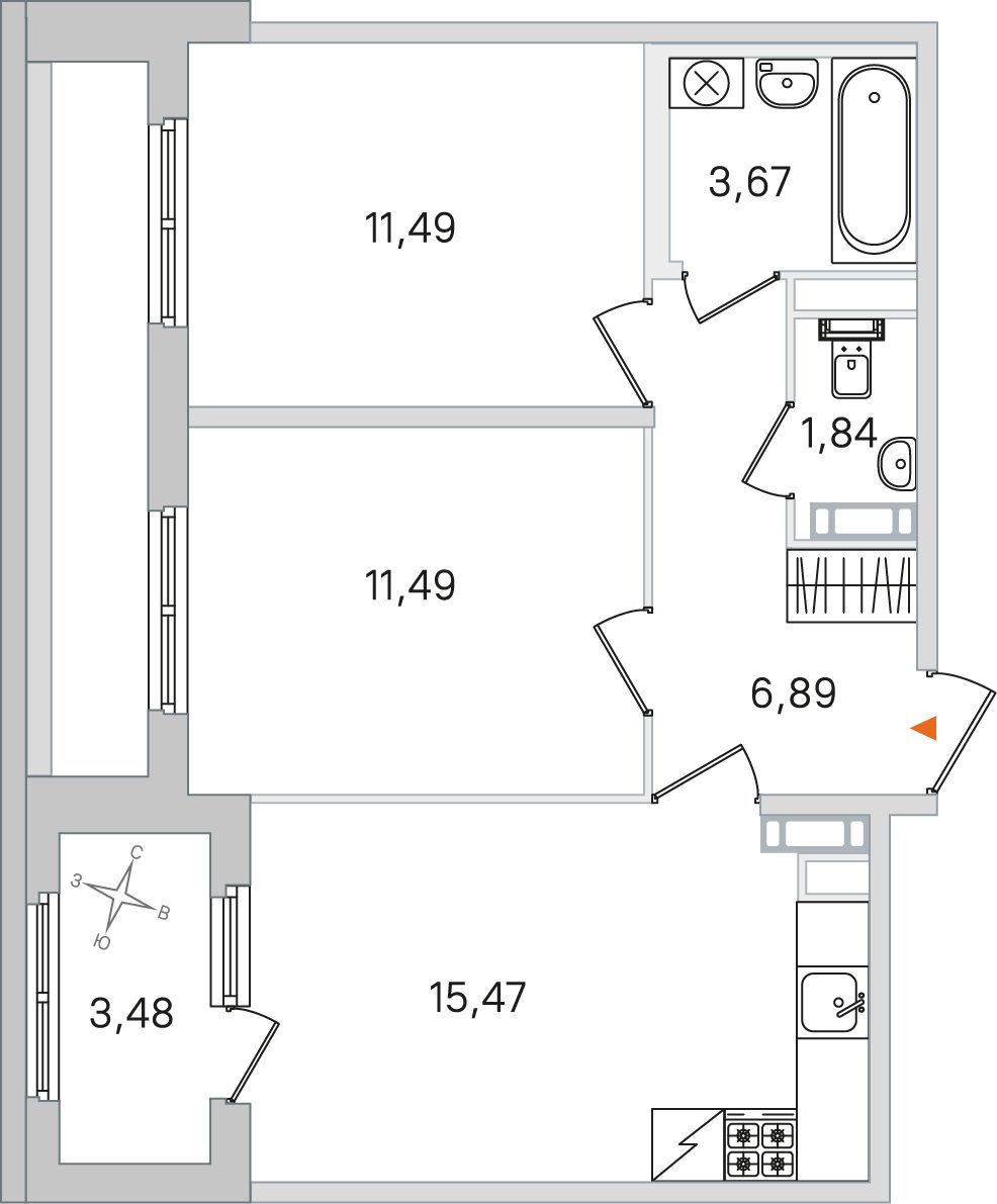 Планировка: 2-комнатная квартира, 50,9 м²