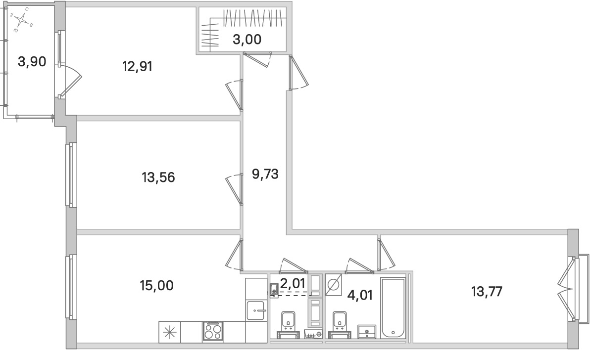 Планировка: 3-комнатная квартира, 74,0 м²