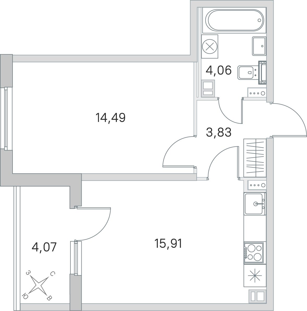 Планировка: 1-комнатная квартира, 38,3 м²