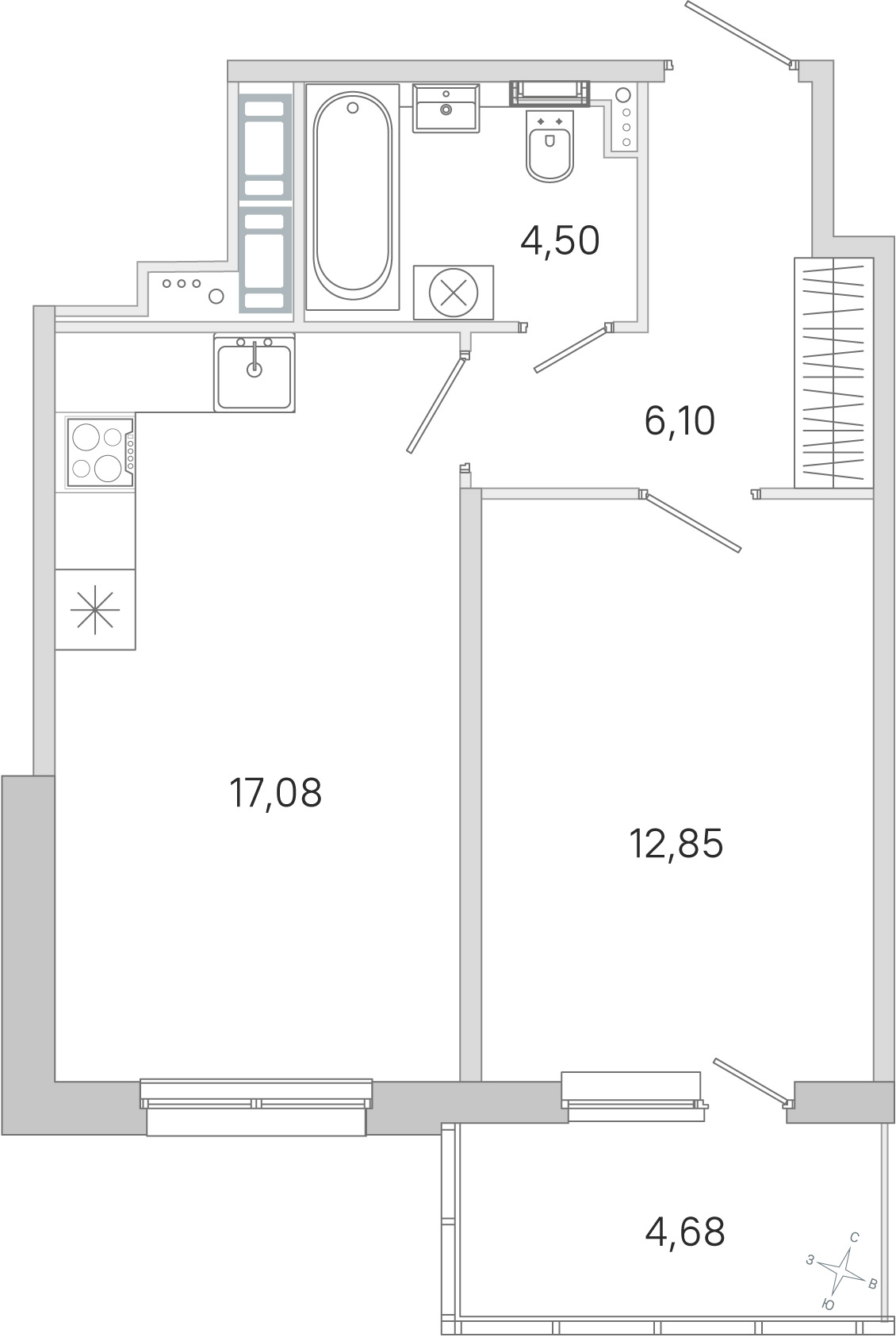 Планировка: 1-комнатная квартира, 40,5 м²