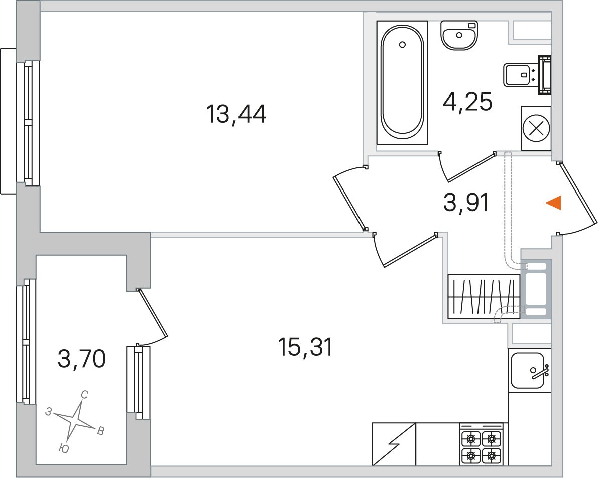 Планировка: 1-комнатная квартира, 36,9 м²