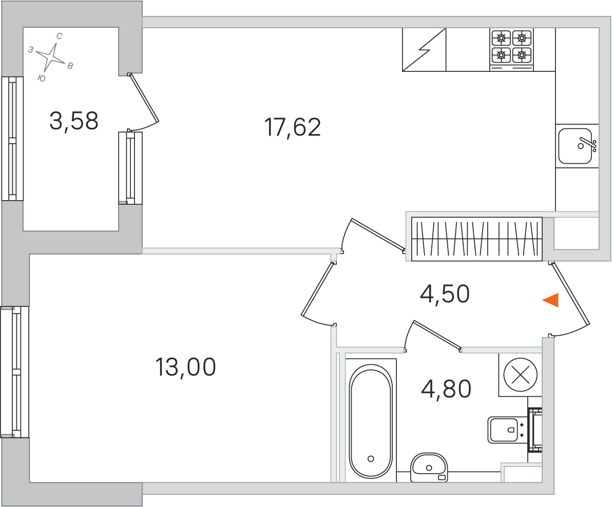 Планировка: 1-комнатная квартира, 39,9 м²