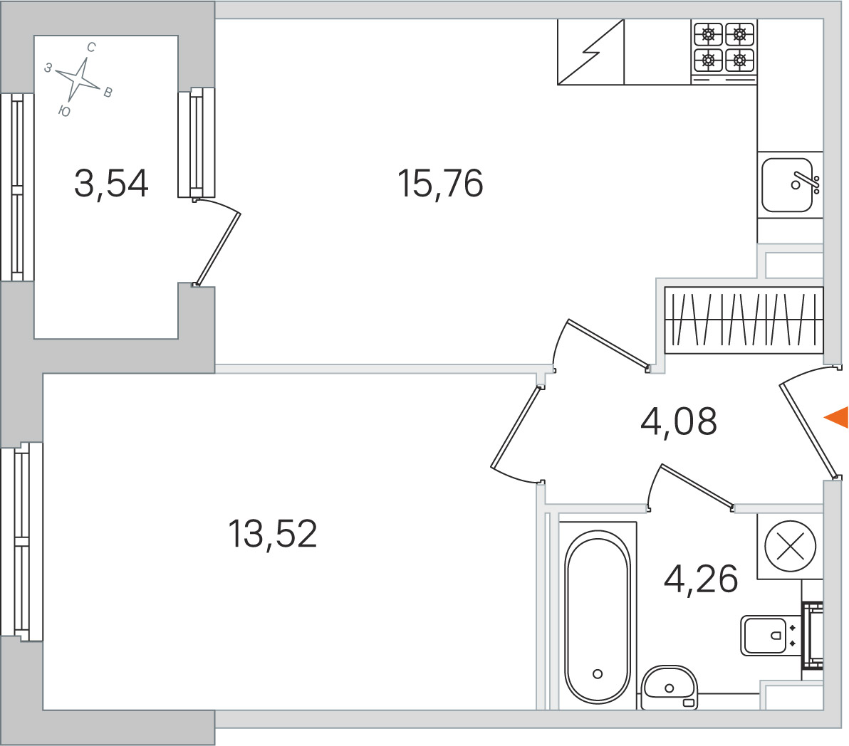 Планировка: 1-комнатная квартира, 37,6 м²