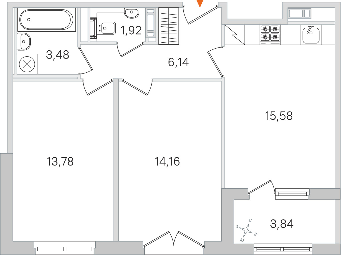 Планировка: 2-комнатная квартира, 55,1 м²