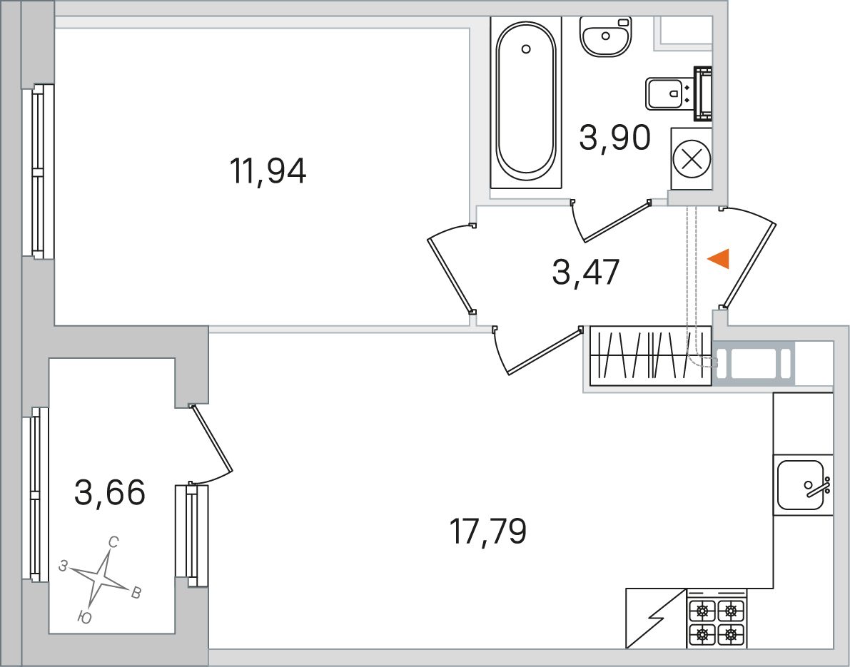Планировка: 1-комнатная квартира, 37,1 м²