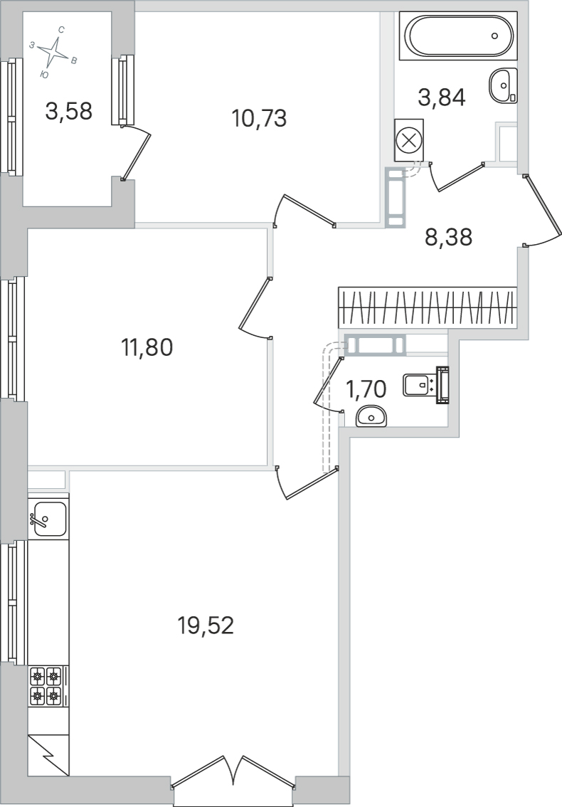 Планировка: 2-комнатная квартира, 56,0 м²