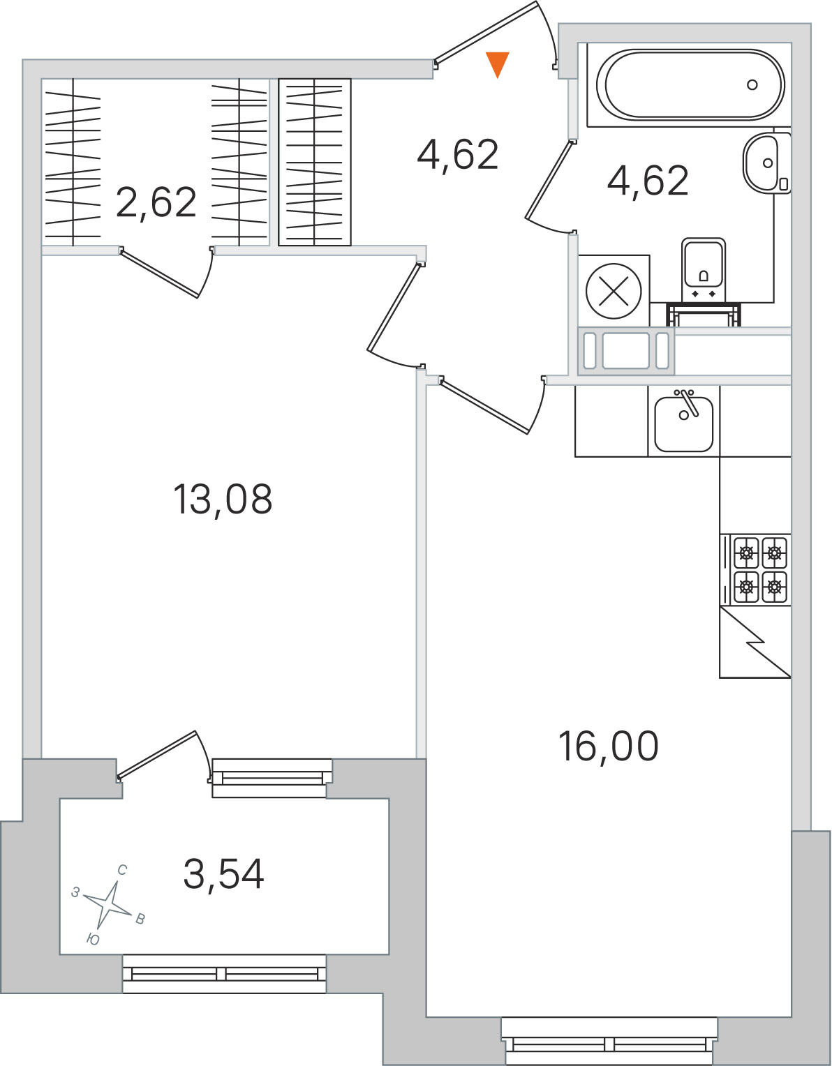 Планировка: 1-комнатная квартира, 40,9 м²