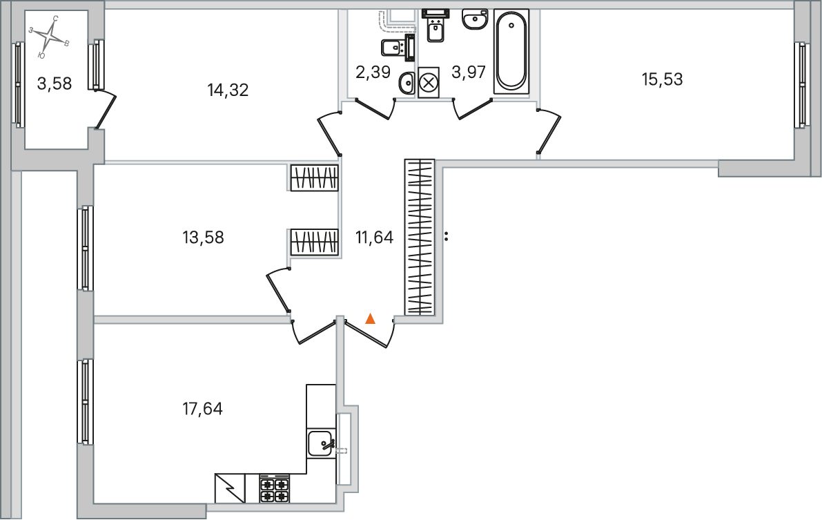 Планировка: 3-комнатная квартира, 79,1 м²