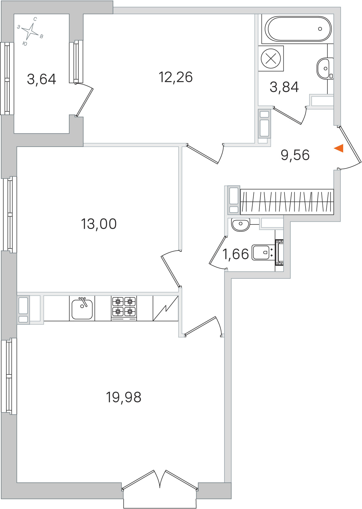 Планировка: 2-комнатная квартира, 60,3 м²