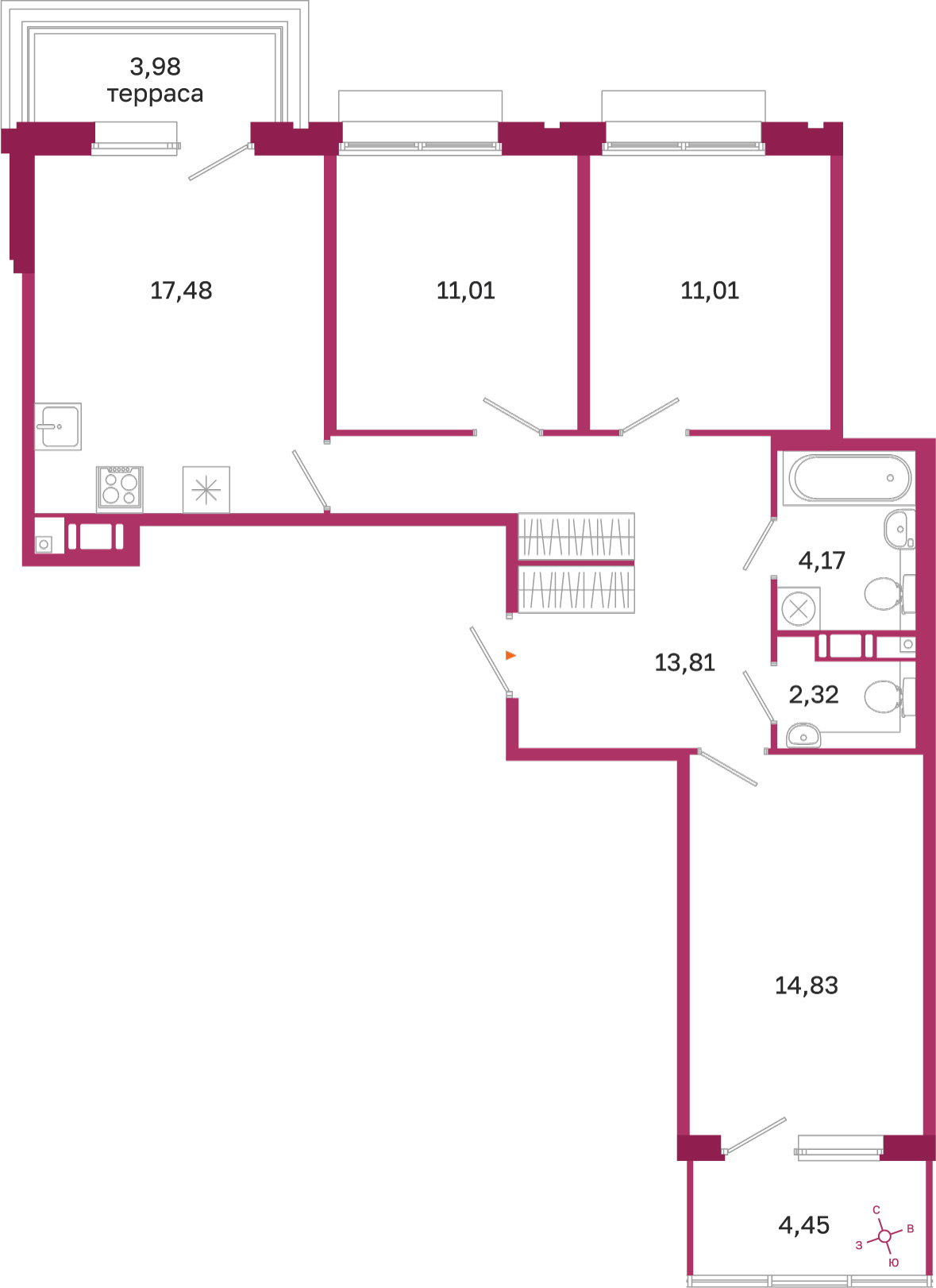 Планировка: 3-комнатная квартира, 74,6 м²