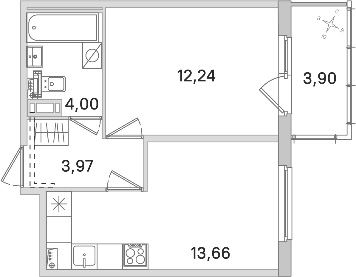 Планировка: 1-комнатная квартира, 33,9 м²
