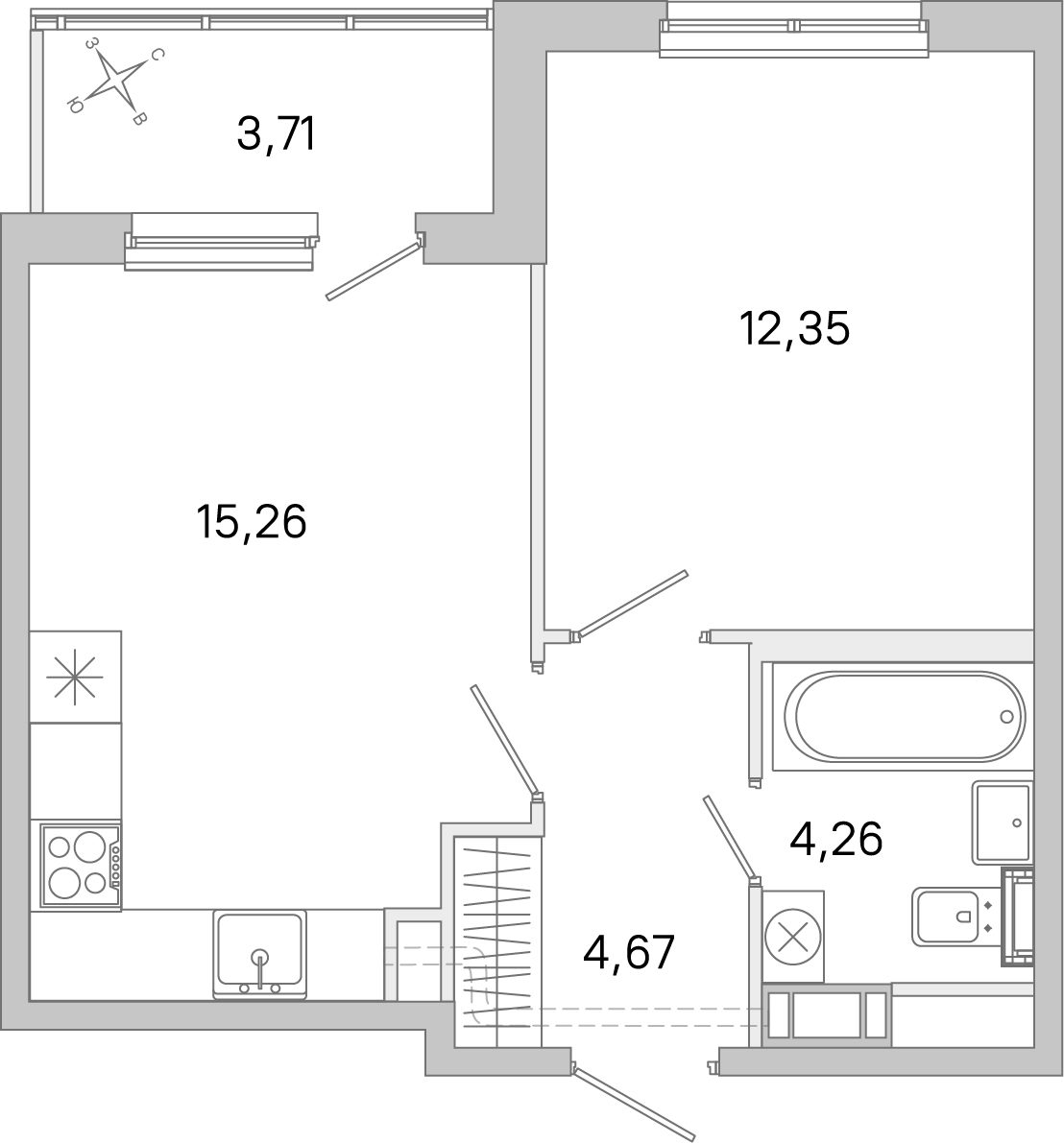 Планировка: 1-комнатная квартира, 36,5 м²