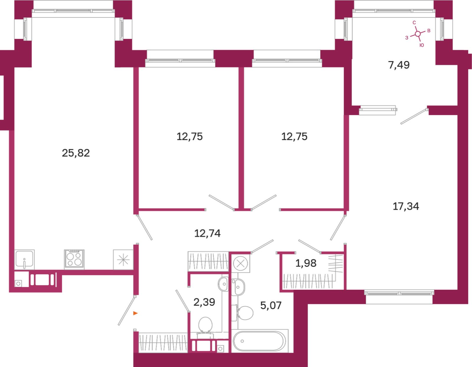Планировка: 3-комнатная квартира, 90,8 м²