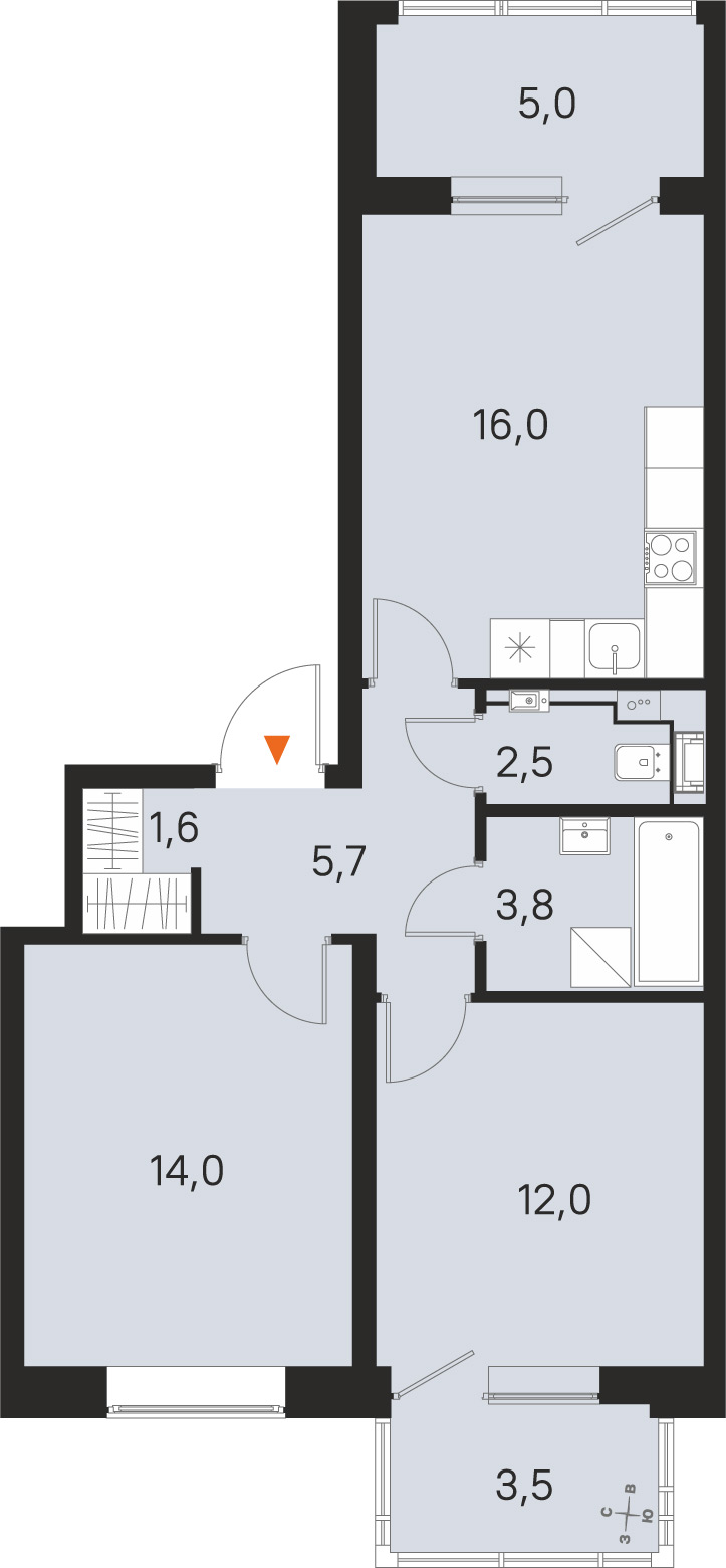 Планировка: 2-комнатная квартира, 55,6 м²
