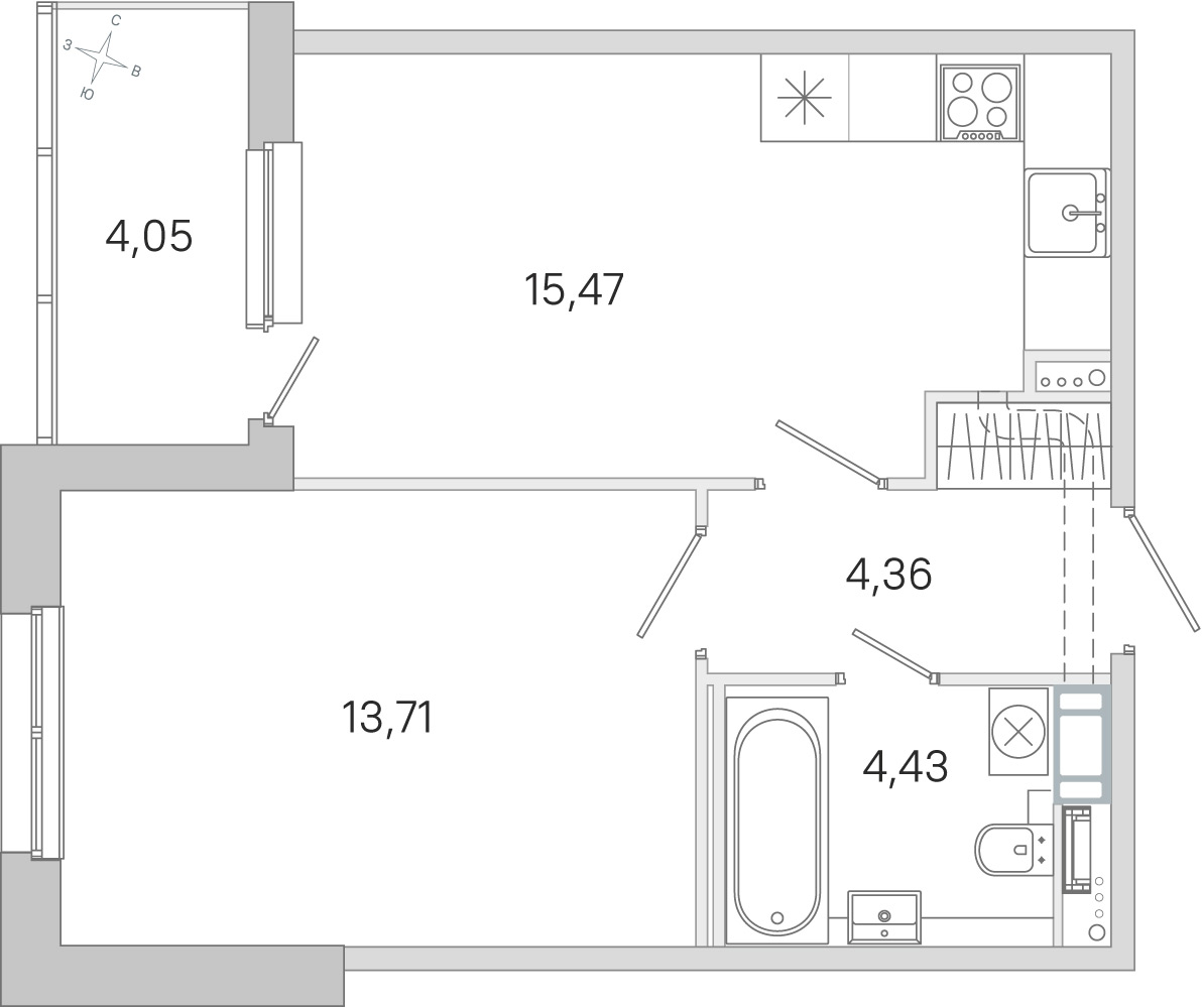 Планировка: 1-комнатная квартира, 38,0 м²