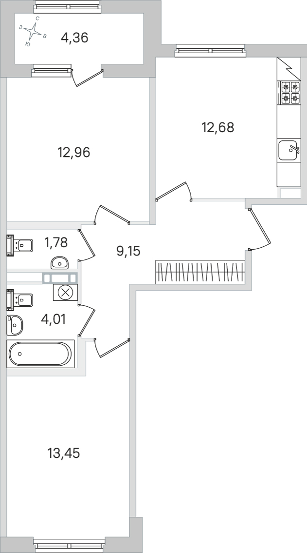 Планировка: 2-комнатная квартира, 54,0 м²