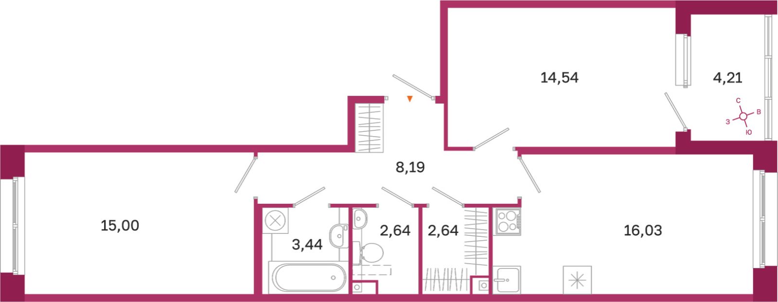 Планировка: 2-комнатная квартира, 62,5 м²