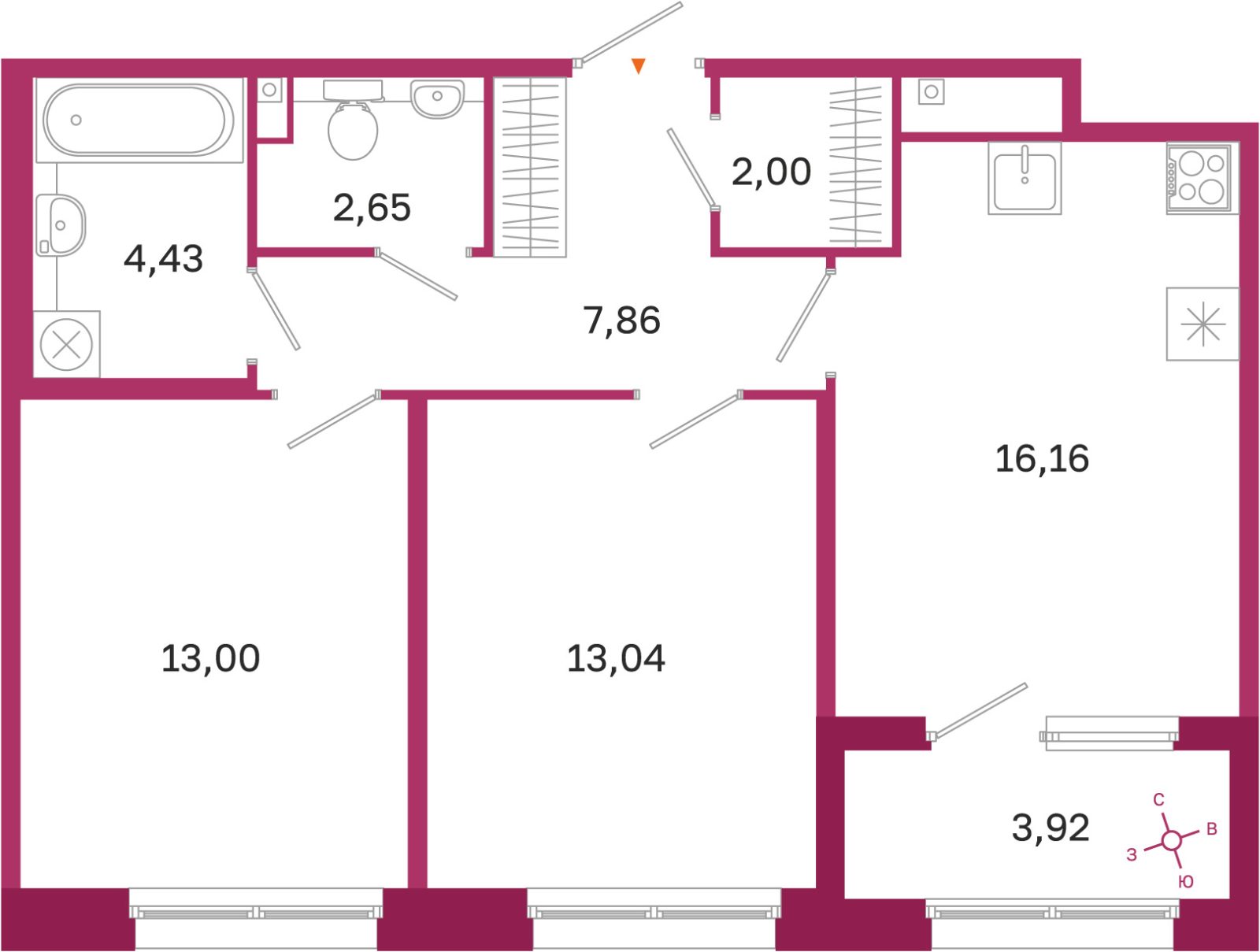 Планировка: 2-комнатная квартира, 59,1 м²