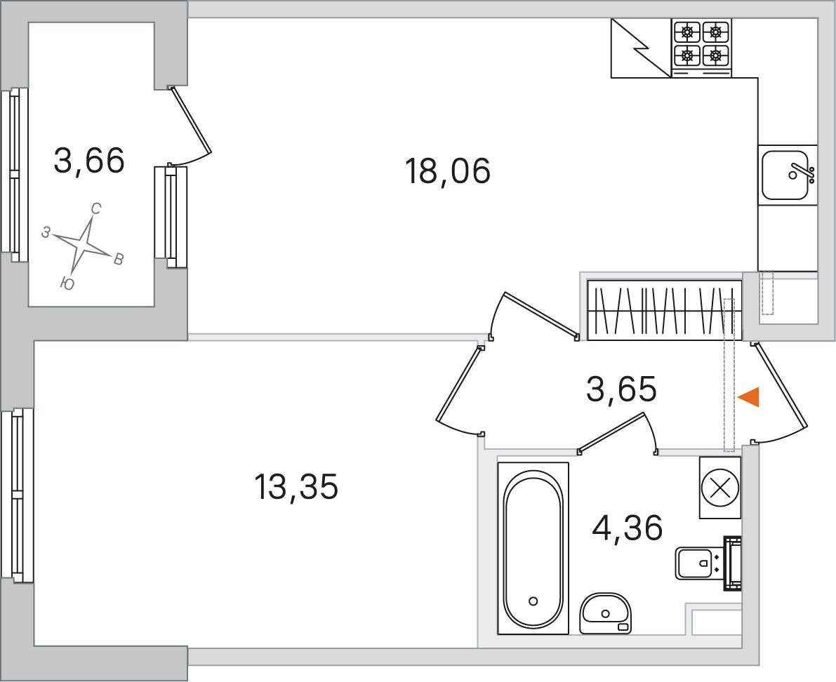 Планировка: 1-комнатная квартира, 39,4 м²