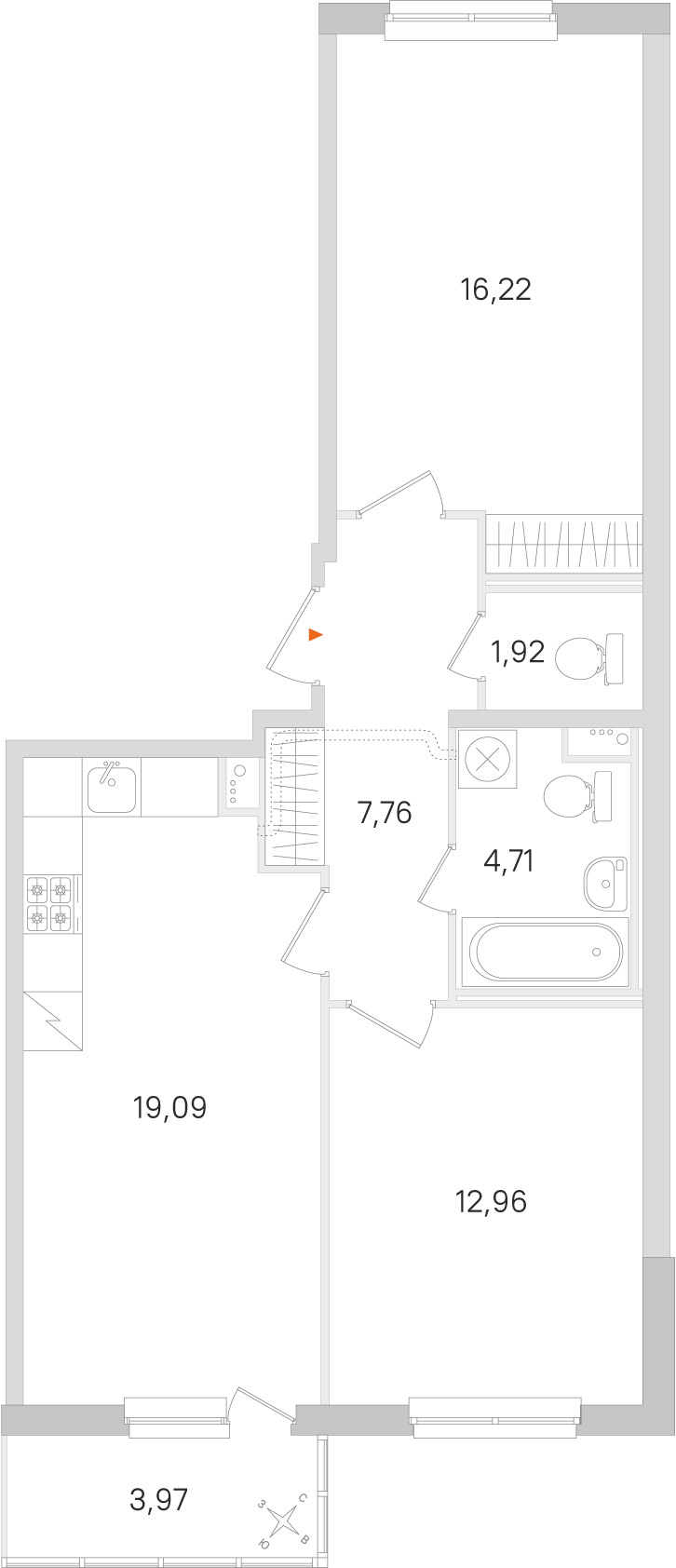 Планировка: 2-комнатная квартира, 62,7 м²