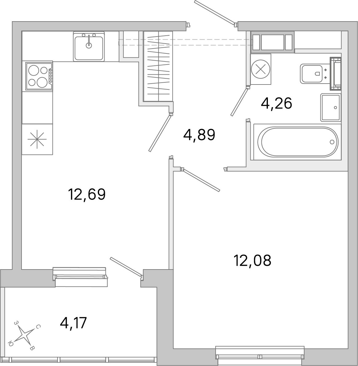 Планировка: 1-комнатная квартира, 33,9 м²