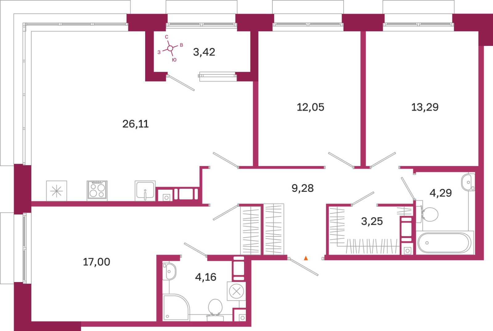 Планировка: 3-комнатная квартира, 89,4 м²