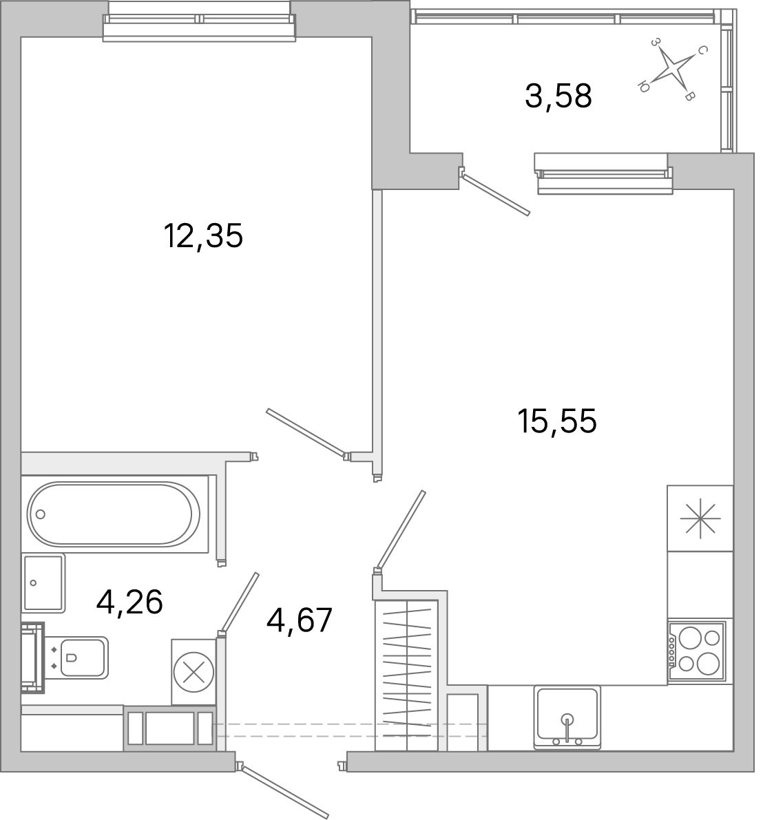 Планировка: 1-комнатная квартира, 36,8 м²