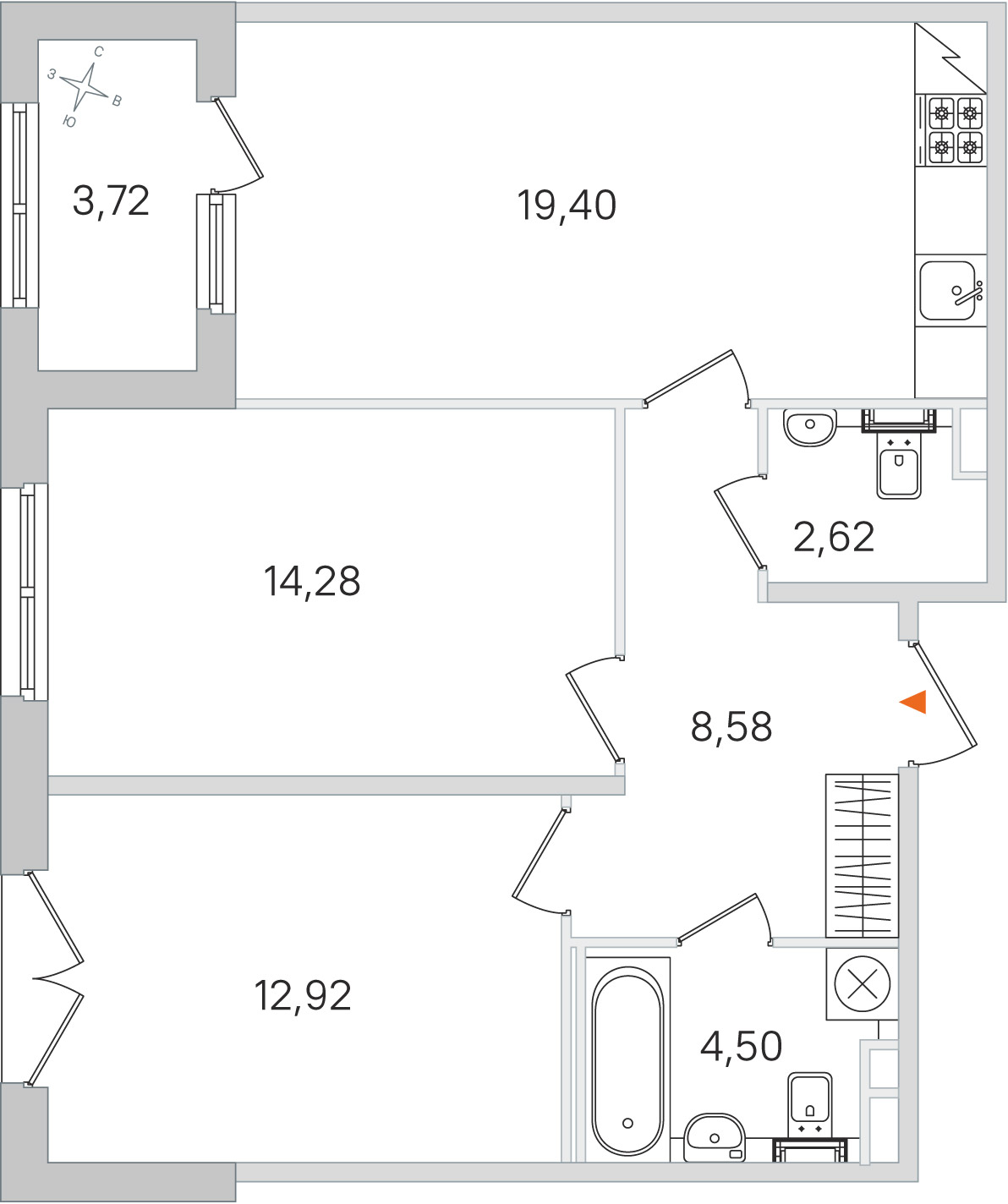Планировка: 2-комнатная квартира, 62,3 м²