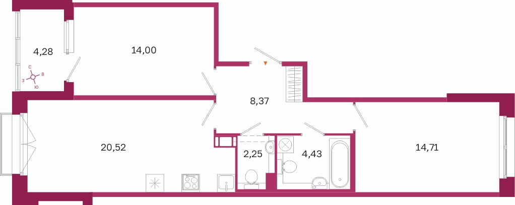 Планировка: 2-комнатная квартира, 64,3 м²