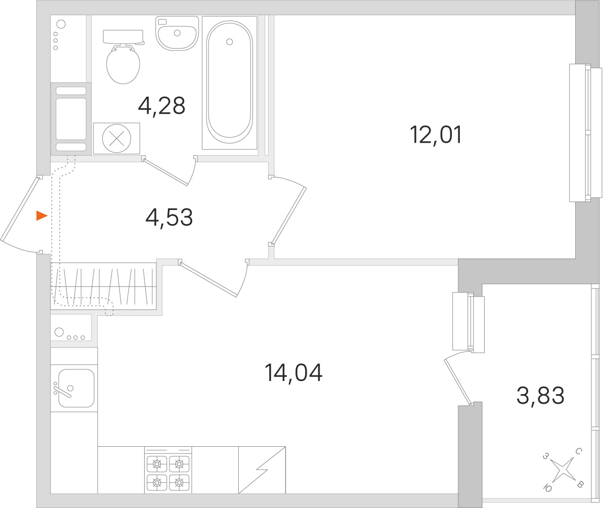 Планировка: 1-комнатная квартира, 34,9 м²