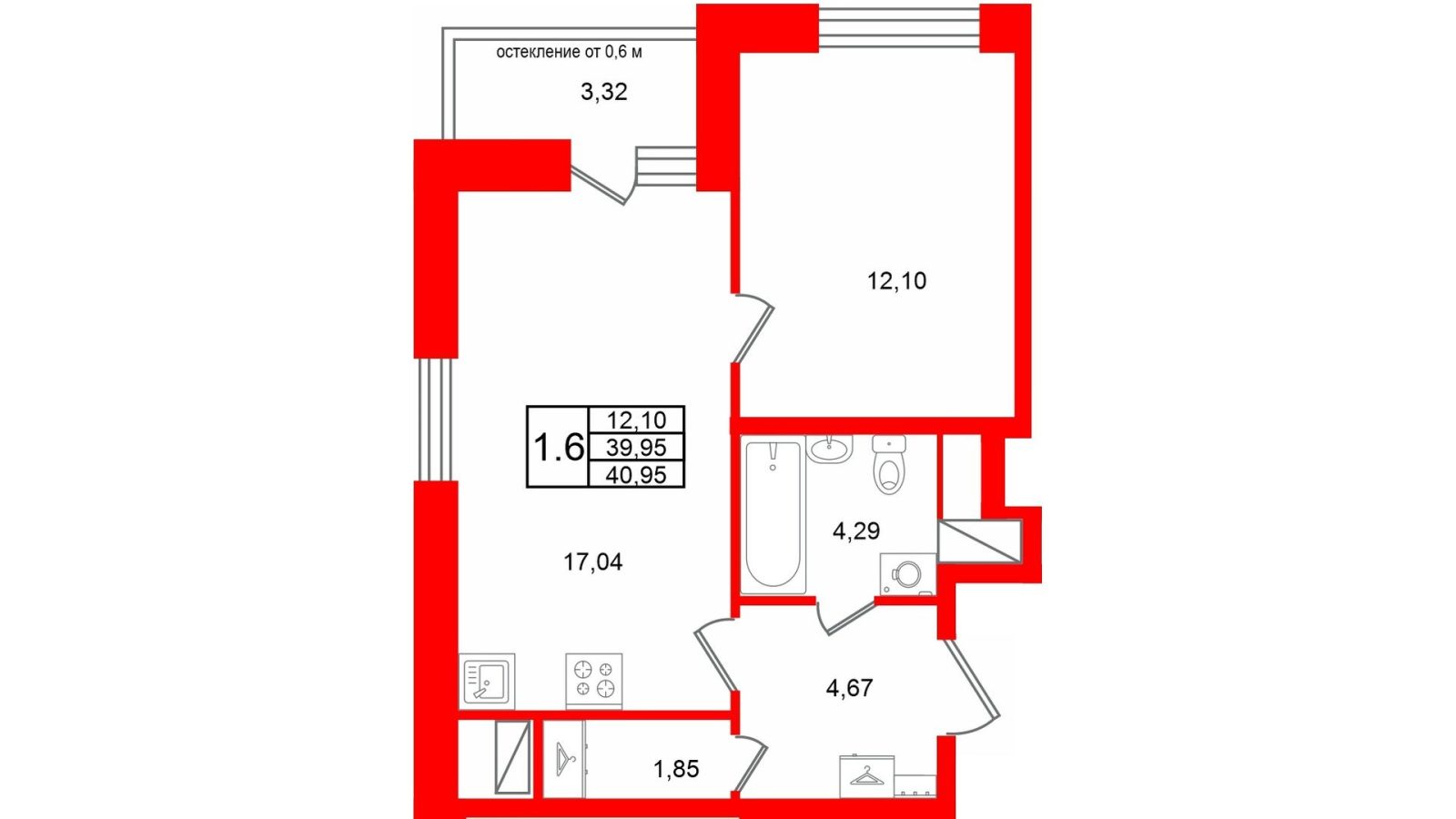 Планировка: 1-комнатная квартира, 40,0 м²