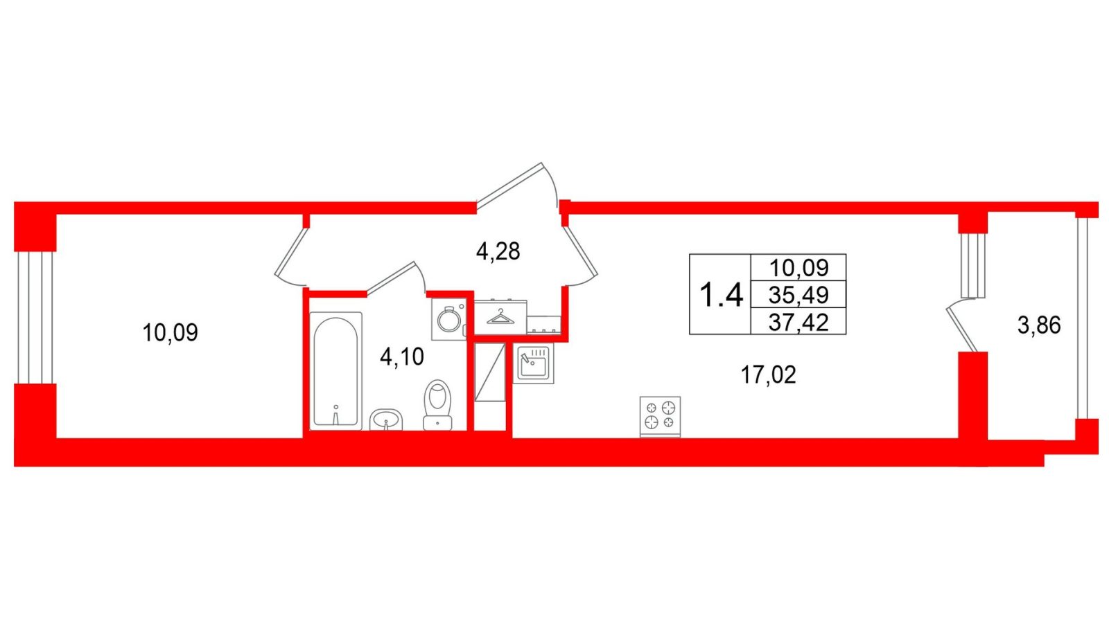 Планировка: 1-комнатная квартира, 35,5 м²