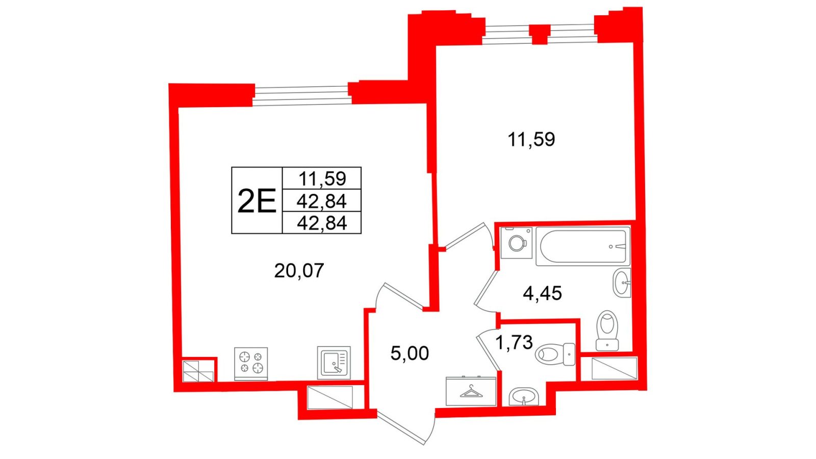 Планировка: 1-комнатная квартира, 42,8 м²