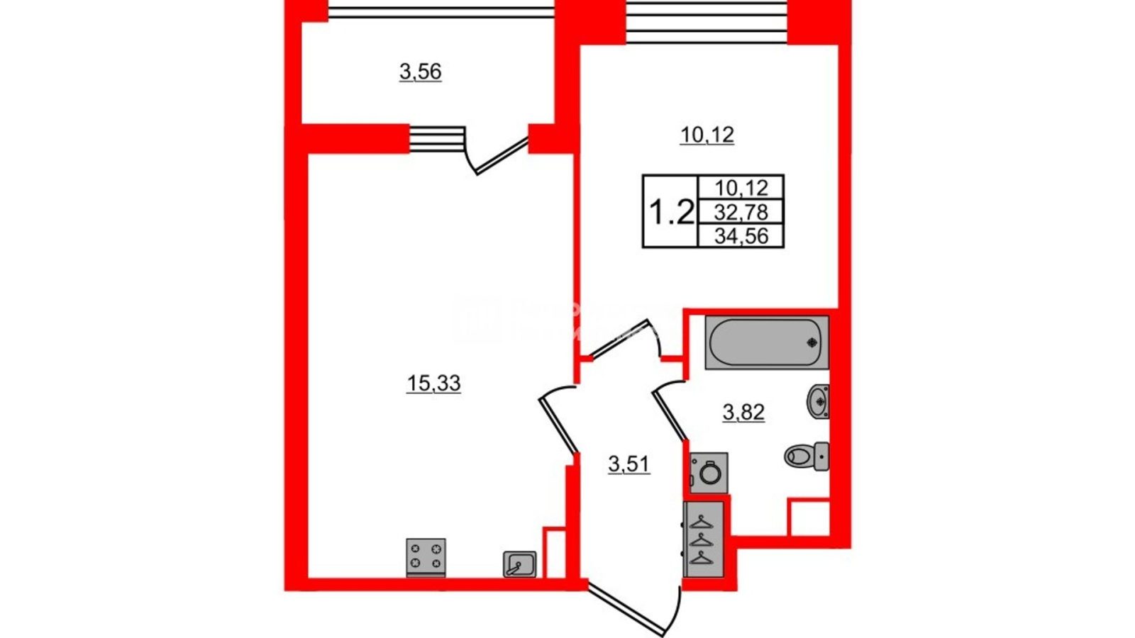 Планировка: 1-комнатная квартира, 32,8 м²