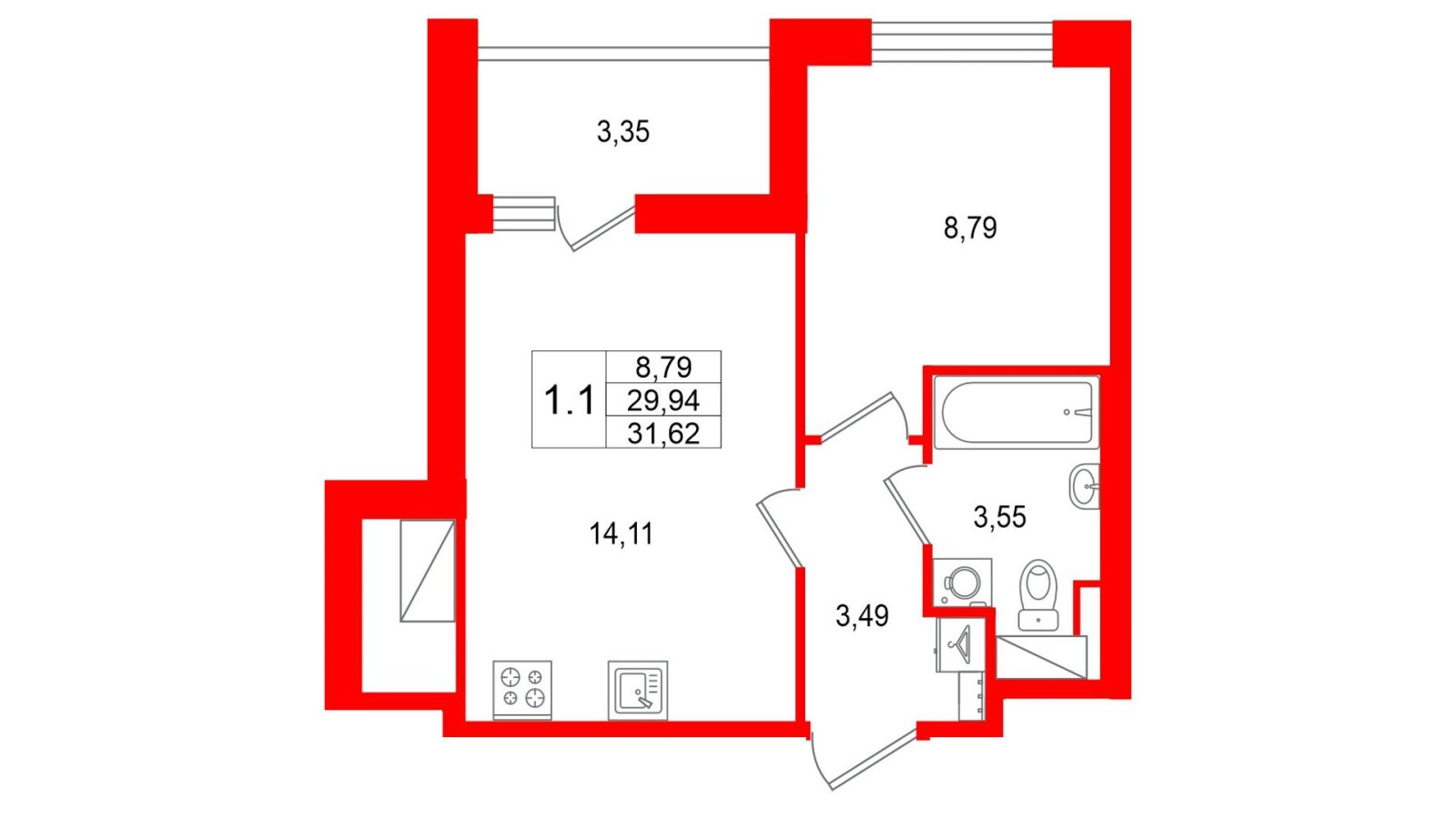 Планировка: 1-комнатная квартира, 29,9 м²