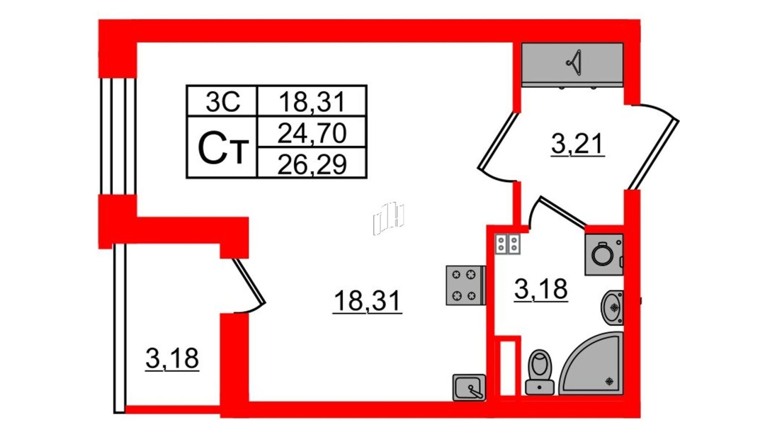 Планировка: студия, 24,7 м²